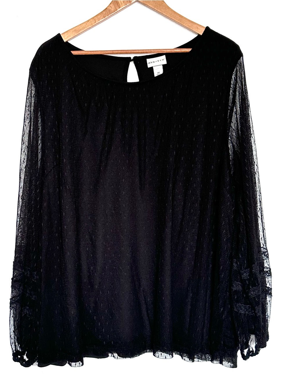 Ava & Viv Plus Shirt Women’s 4X Black Sheer Dot Long Sleeve Lace Trim Blouse Top